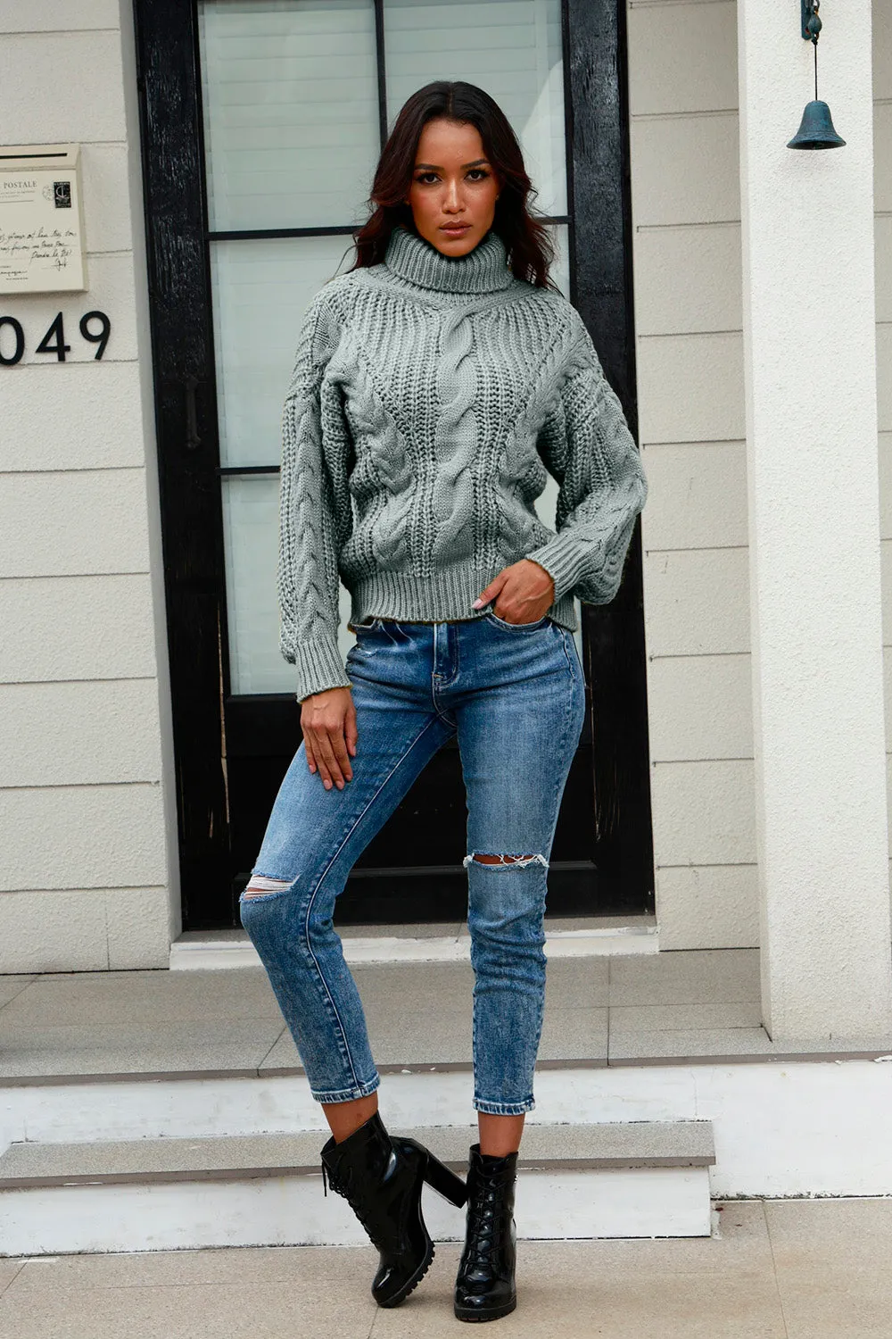 Cable-Knit Turtleneck Long Sleeve Sweater