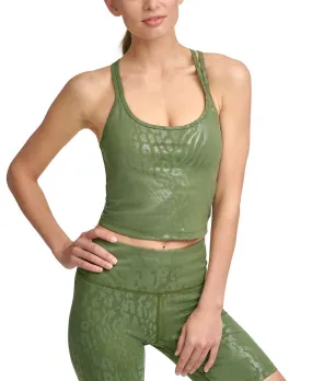 Calvin Klein Women's Moisture Wicking Fitted Crisscross Straps Animal Print Sleeveless Scoop Neck Active Wear Tank Top Green Size XL