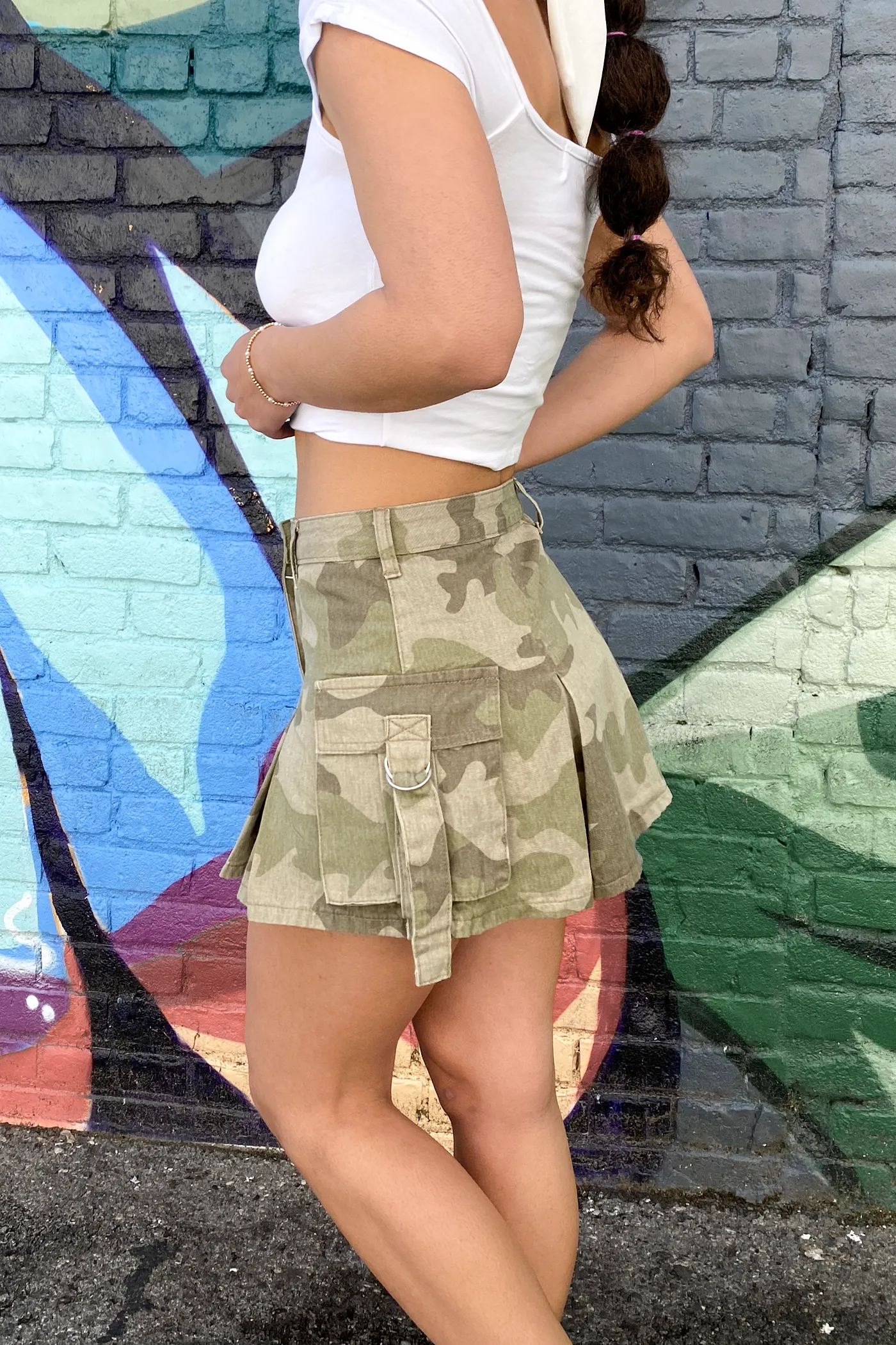 Camo Denim Pleated Skirt