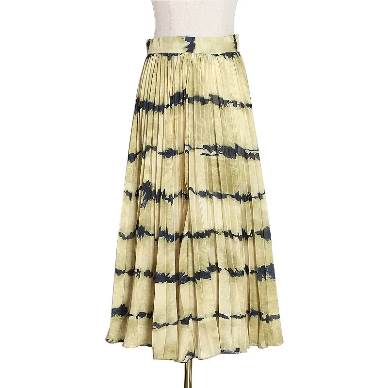 Casual Print Hit Color Pleated Skirt Female High Waist Casual Striped Midi Skirts Women Clothing Fashion