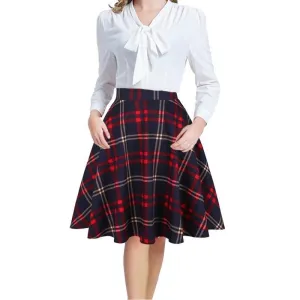 Checkered Cotton Womens Midi Skirts High Waist Pin Up Hepburn Retro Vintage Swing 50s 60s Rockabilly Plaid Jurken Skater 2021