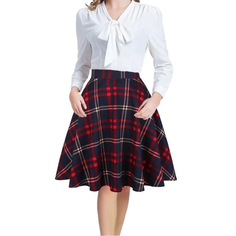 Checkered Cotton Womens Midi Skirts High Waist Pin Up Hepburn Retro Vintage Swing 50s 60s Rockabilly Plaid Jurken Skater 2021