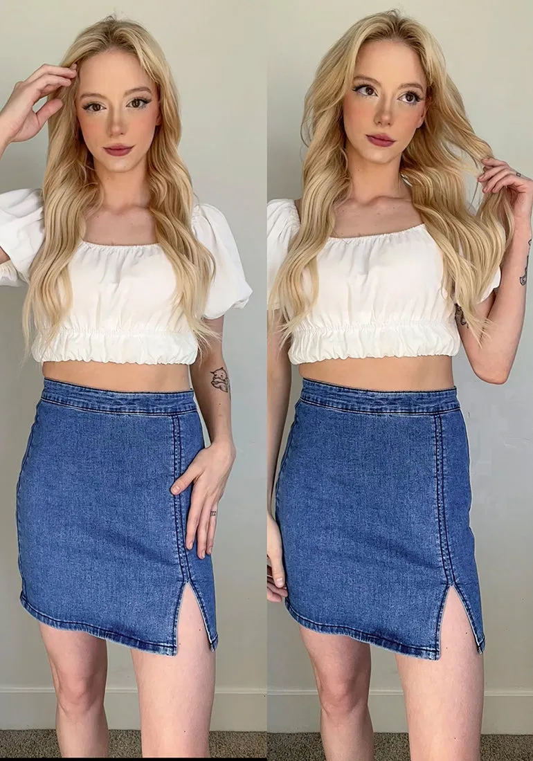 Classic Blue Women's Brief Pencil High Waist Bodycon Denim Mini Slit Skirts