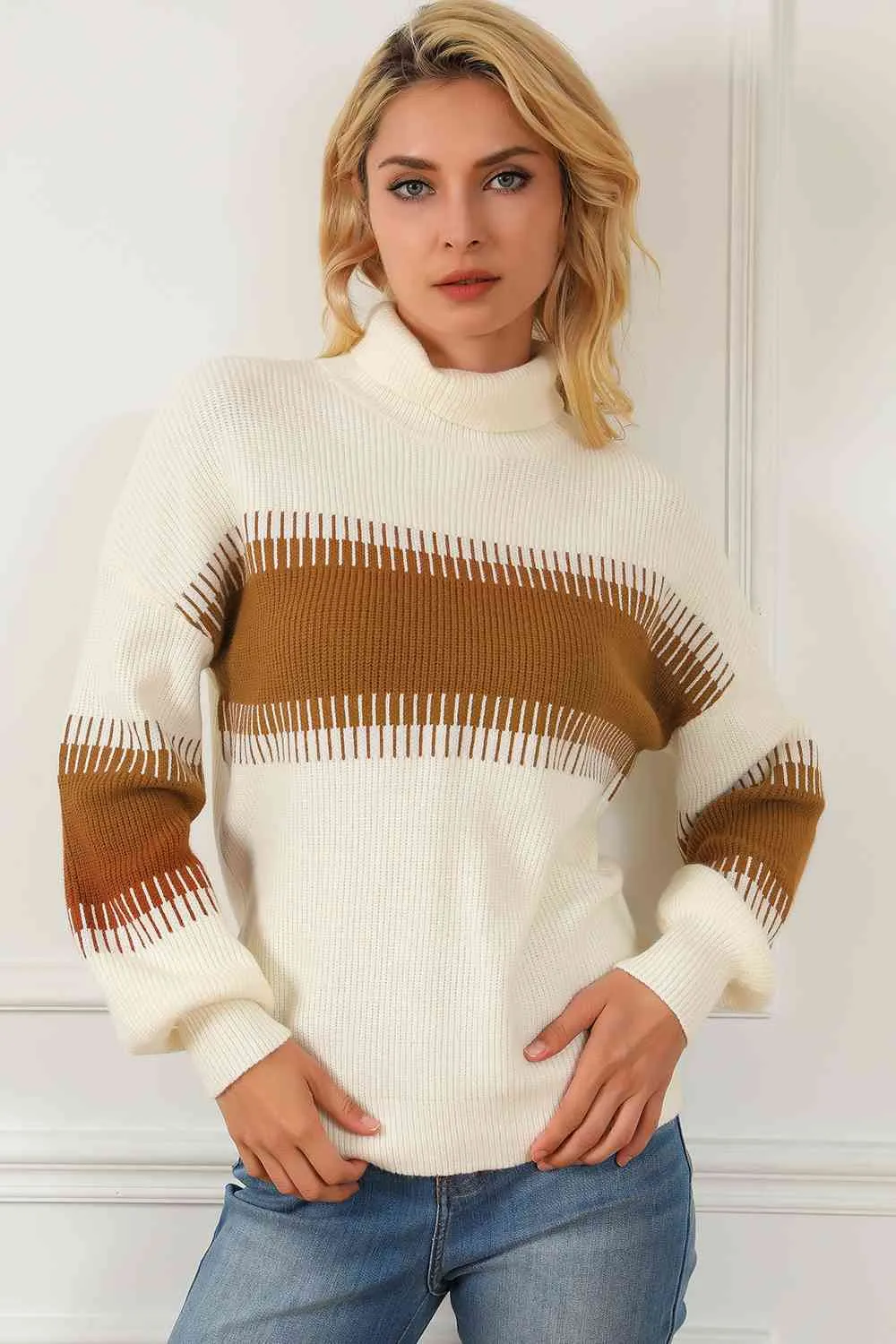 Contrast Turtleneck Long Sleeve Sweater