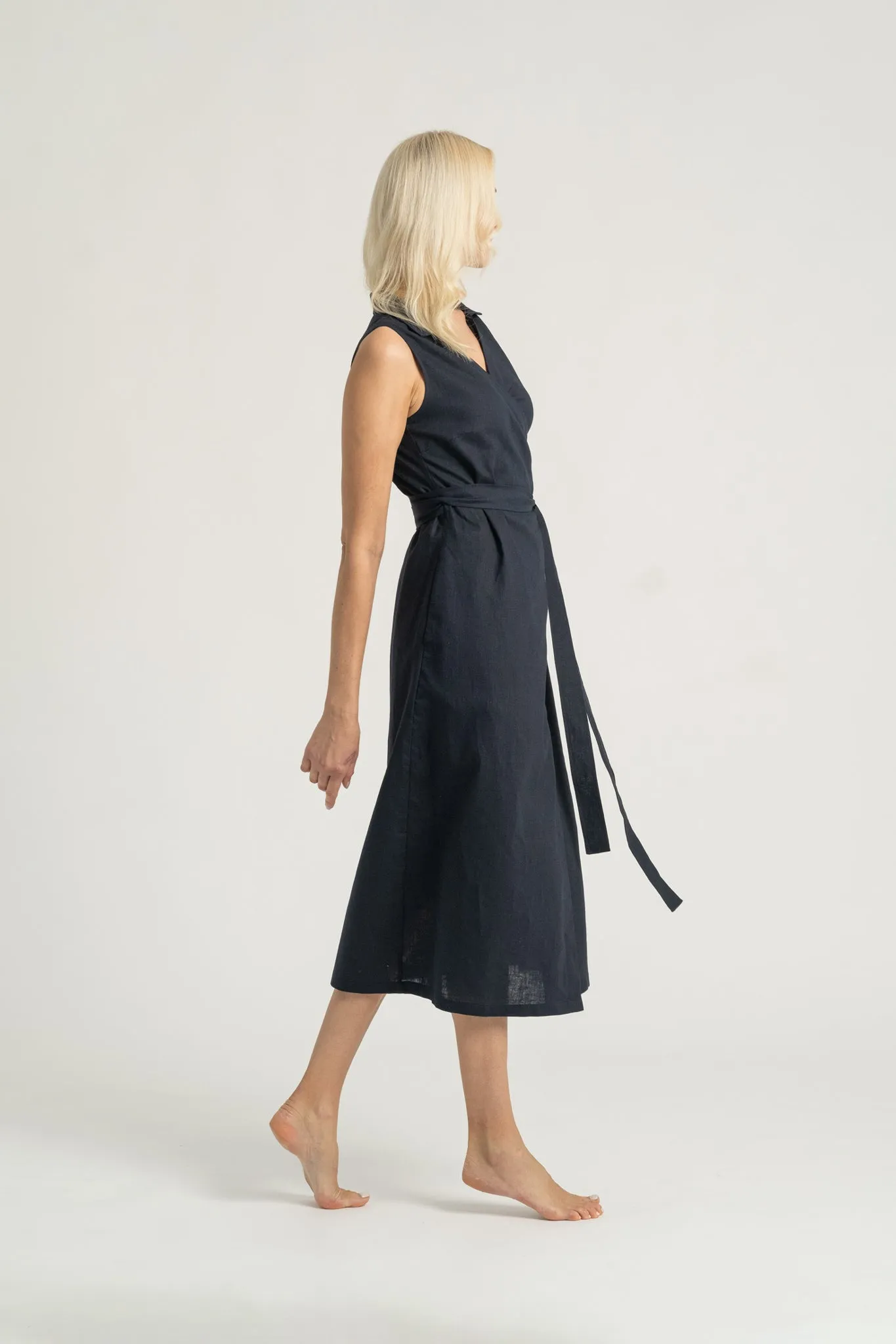 Cora Linen Wrap Dress Navy