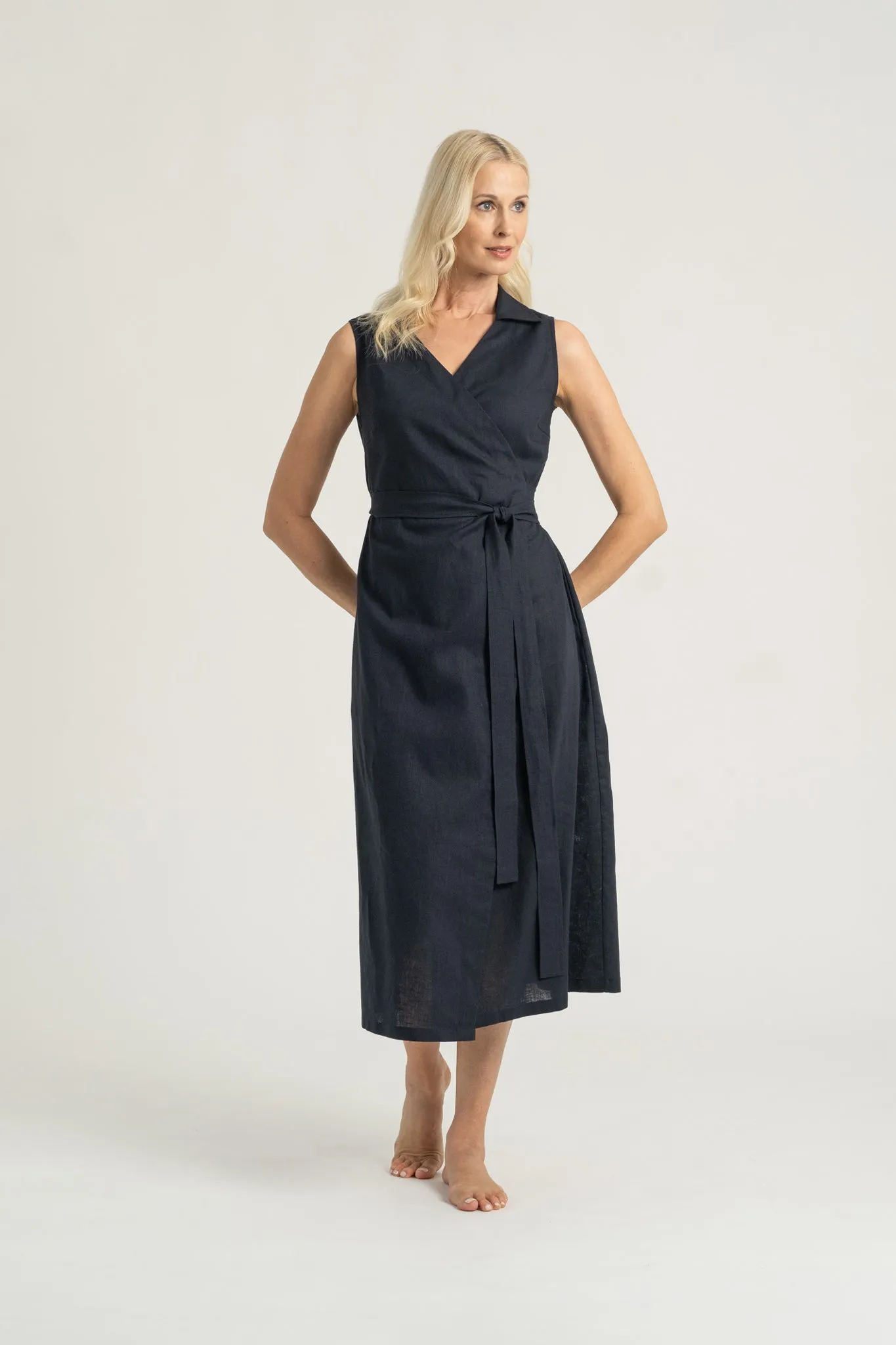 Cora Linen Wrap Dress Navy