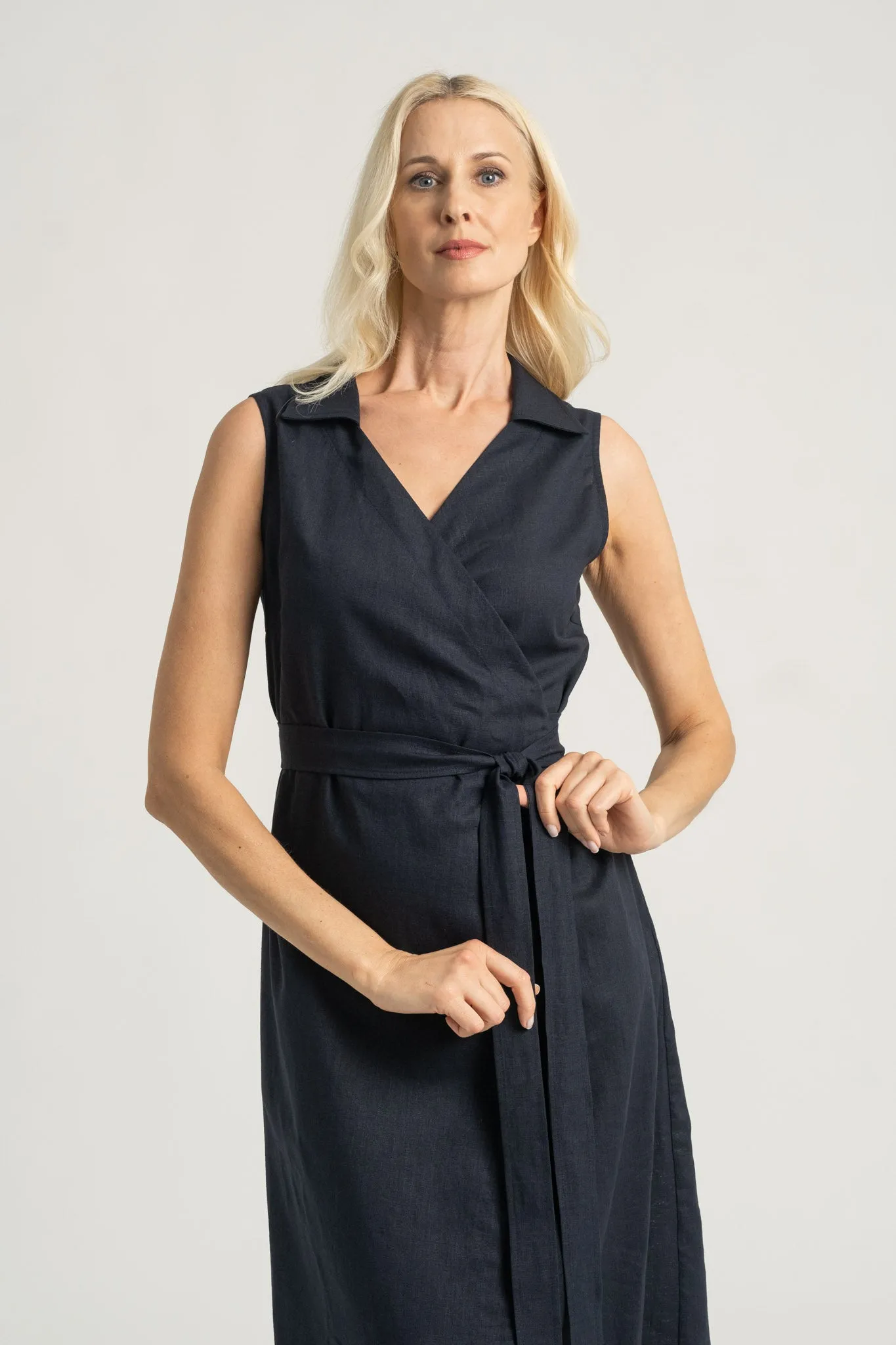 Cora Linen Wrap Dress Navy