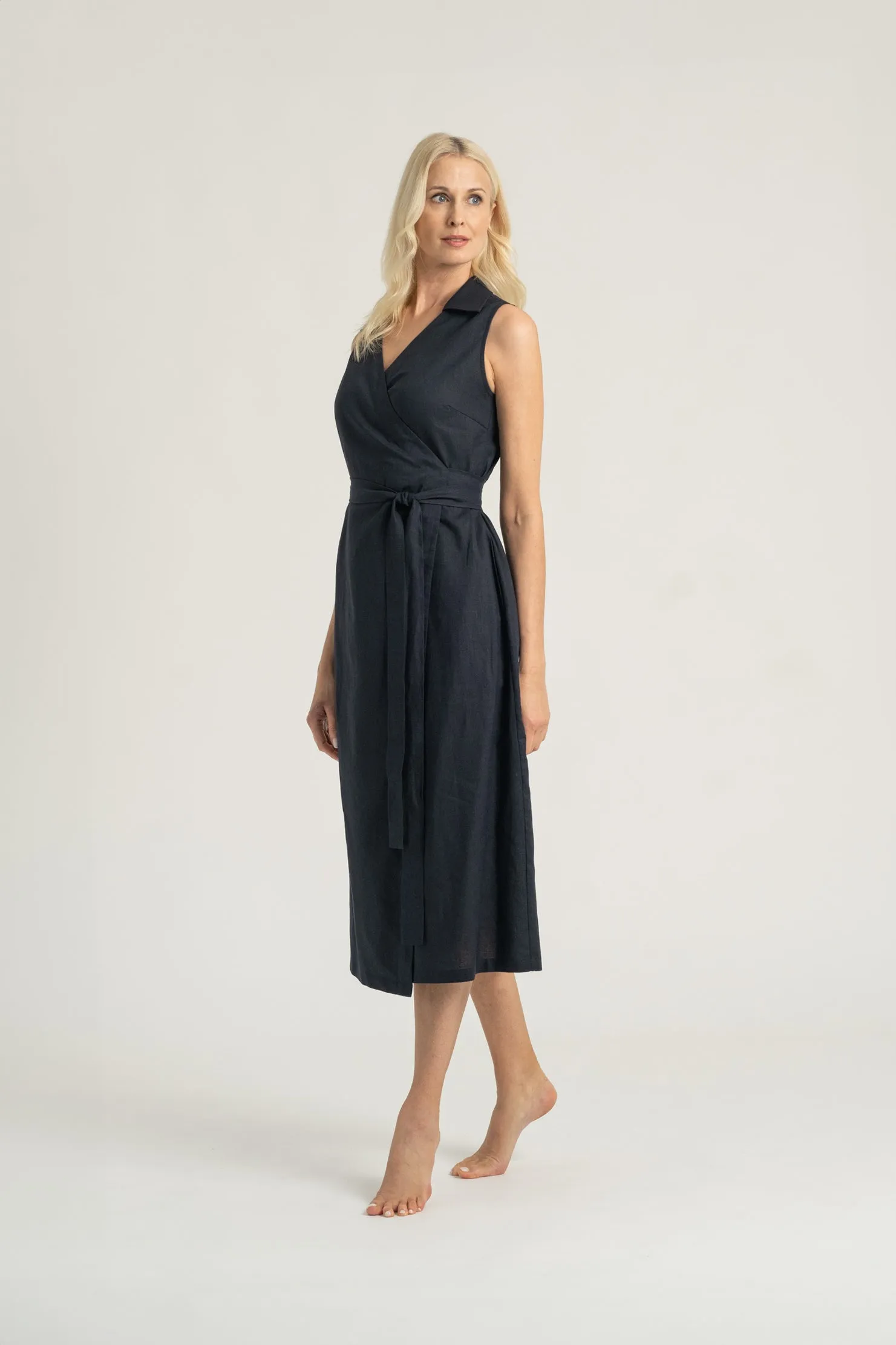 Cora Linen Wrap Dress Navy