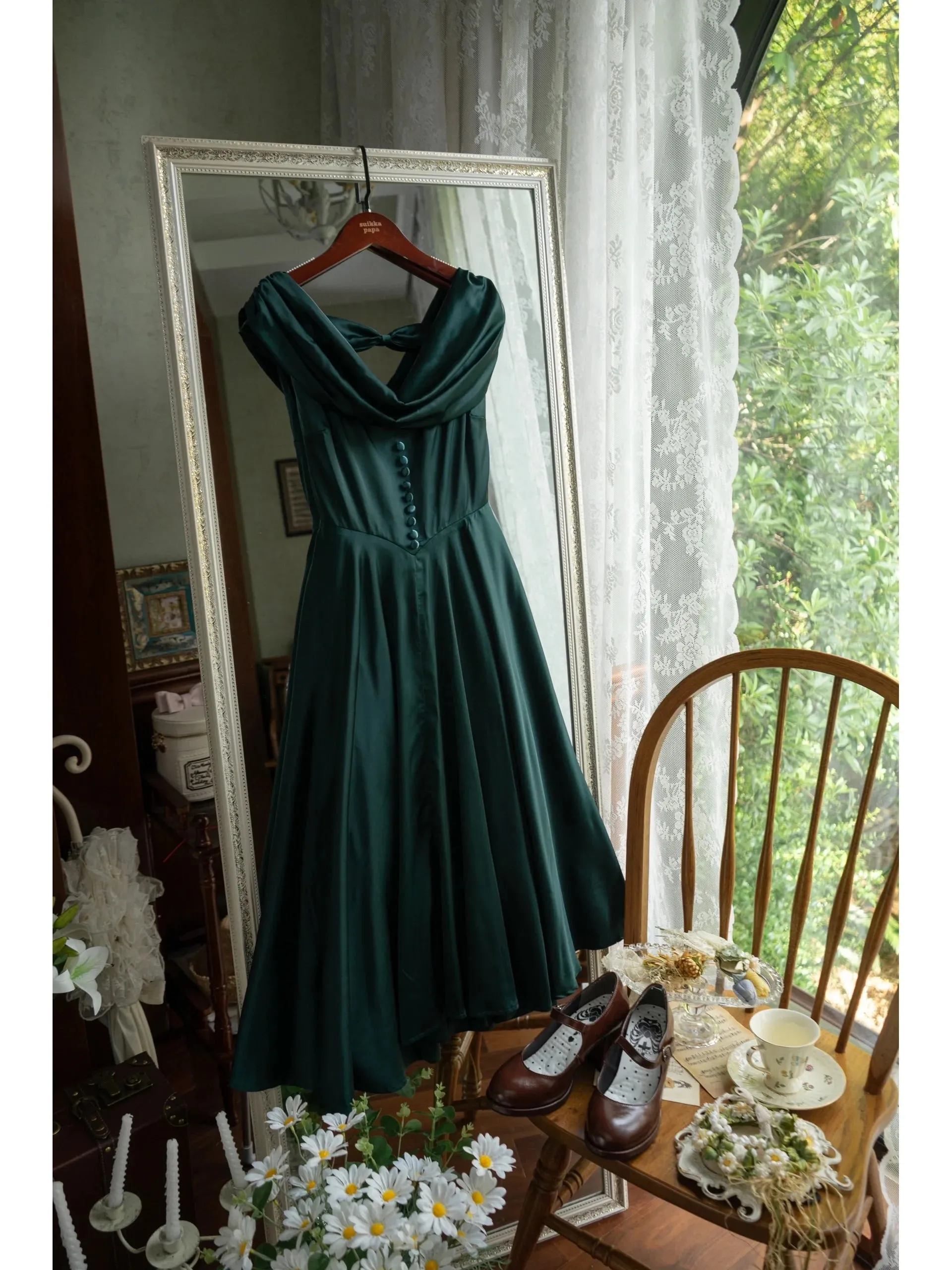 Cow Neck 50s Open Back Vintage Emerald Green Dress