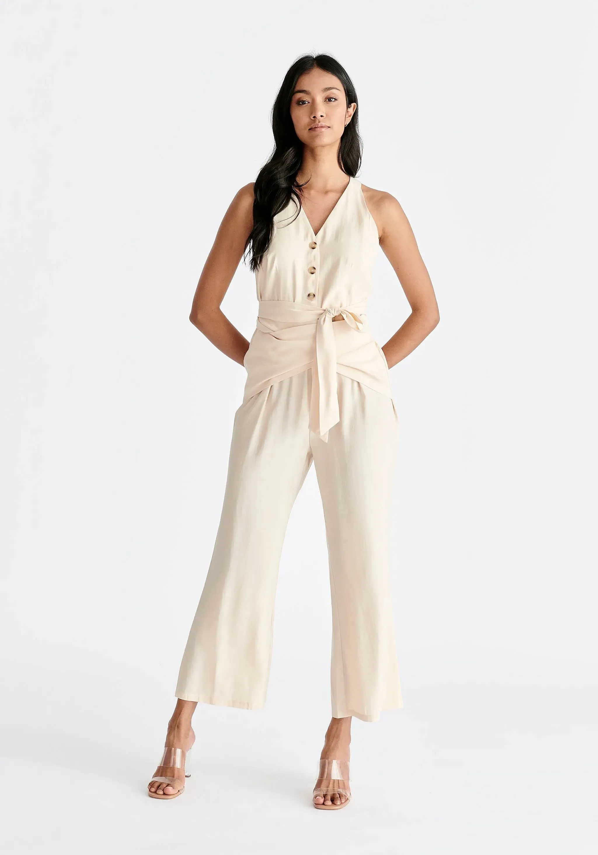 Cream Waist Tie Jumpsuit