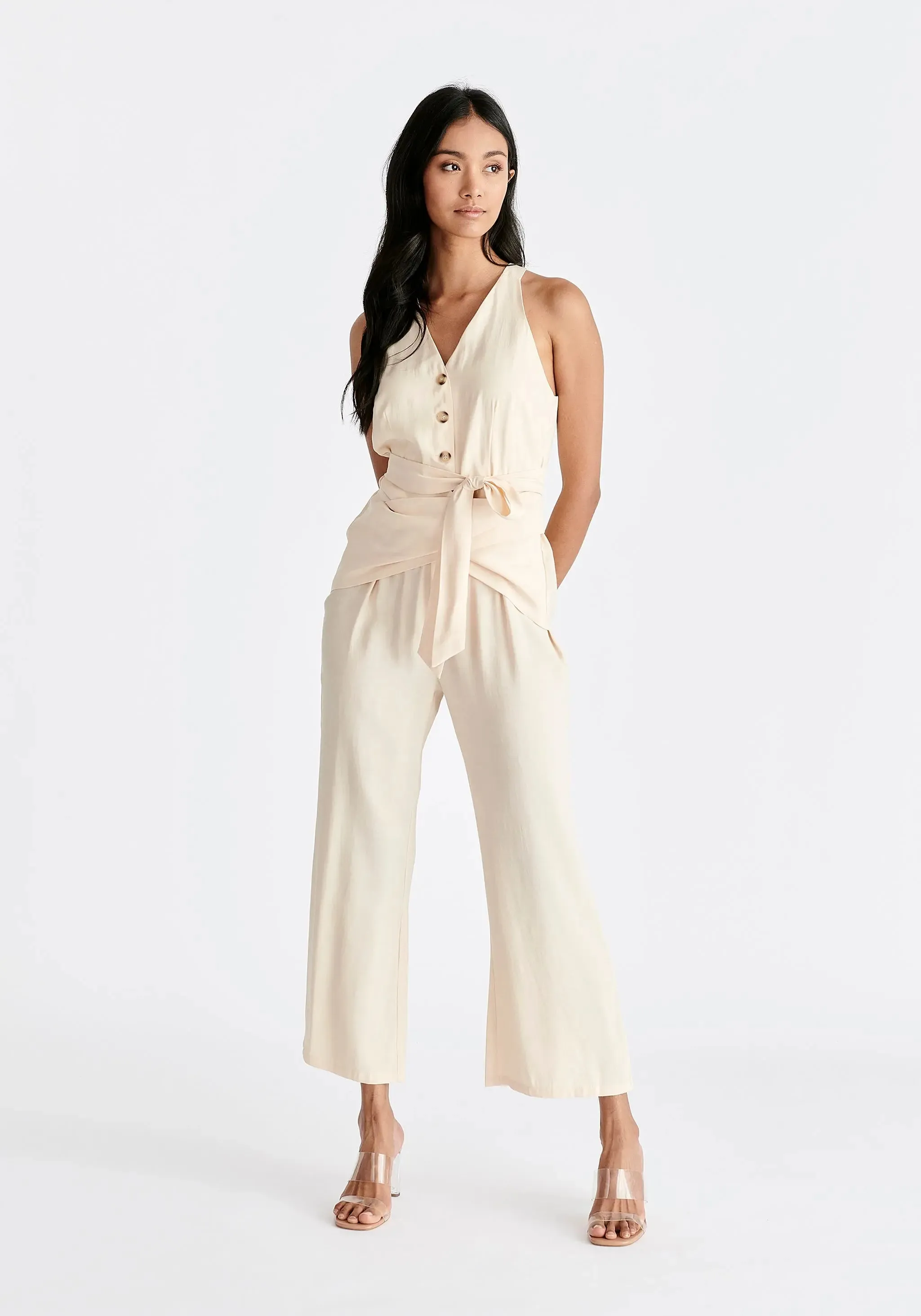 Cream Waist Tie Jumpsuit