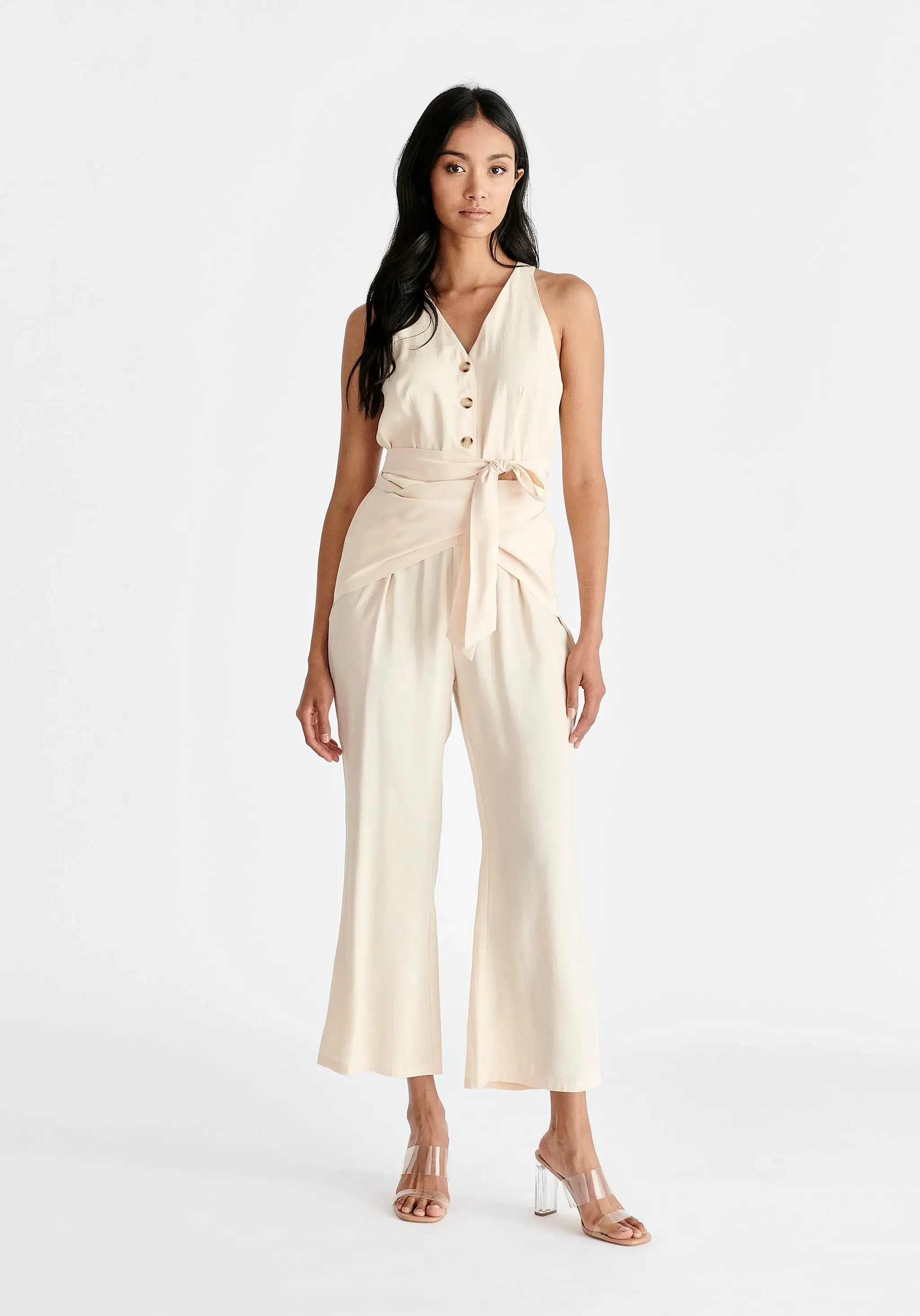 Cream Waist Tie Jumpsuit