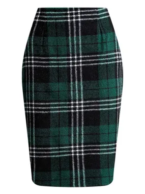 Dark Green 1960s Scottish Plaid Pencil Skirt