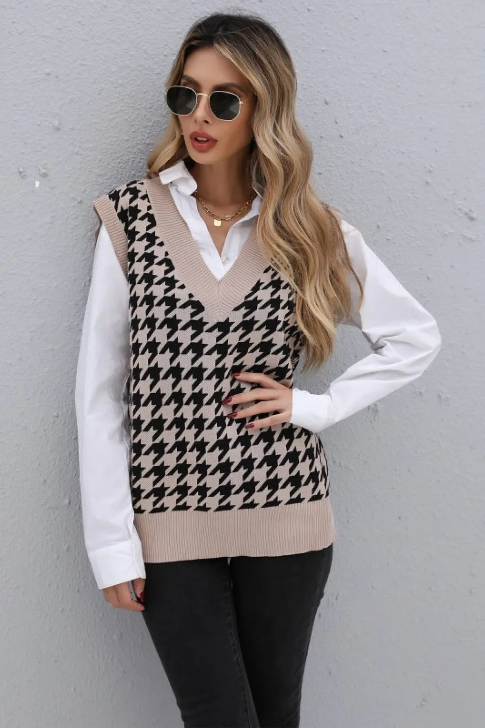 Does It Make You Nervous Houndstooth V-Neck Knit Vest