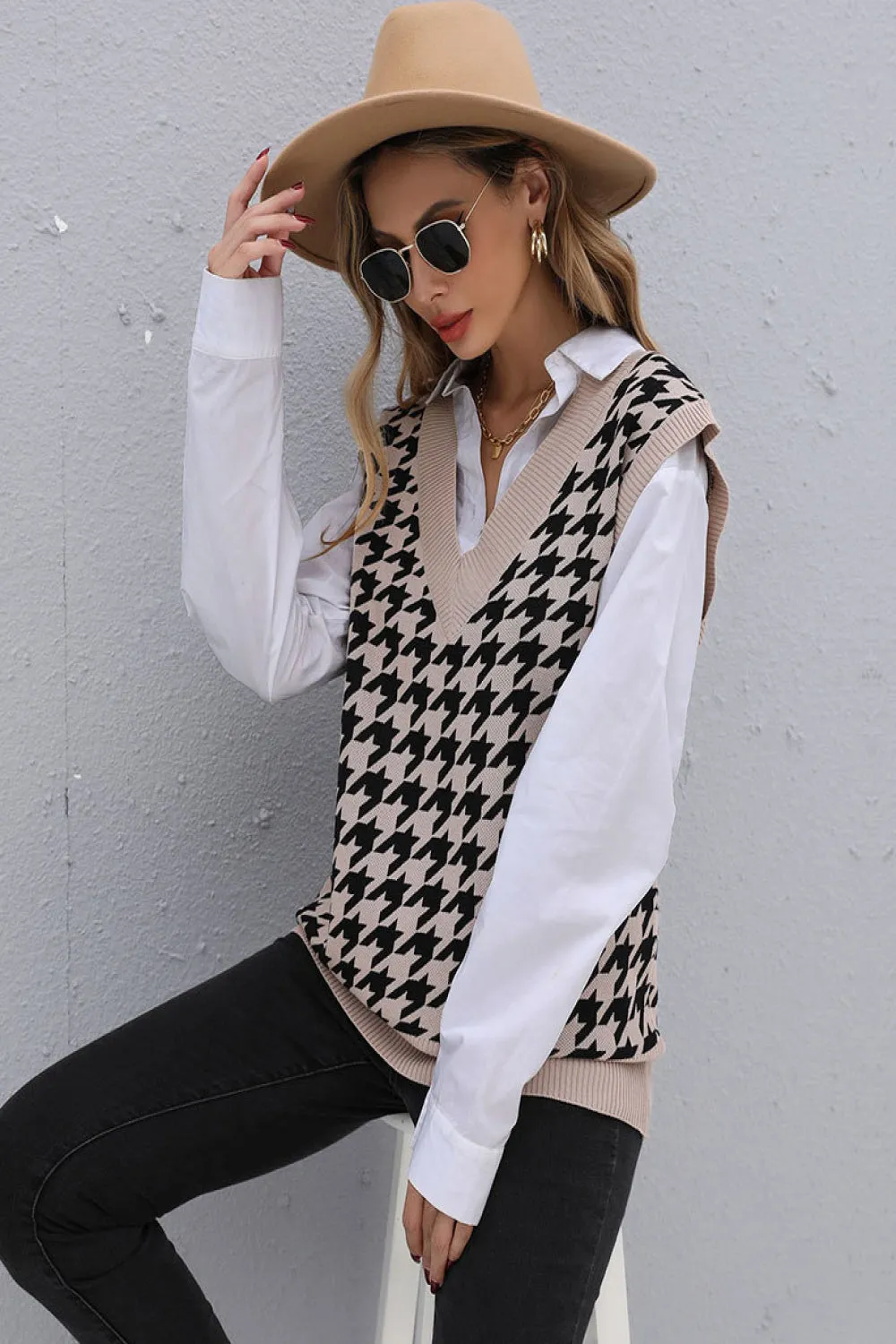 Does It Make You Nervous Houndstooth V-Neck Knit Vest