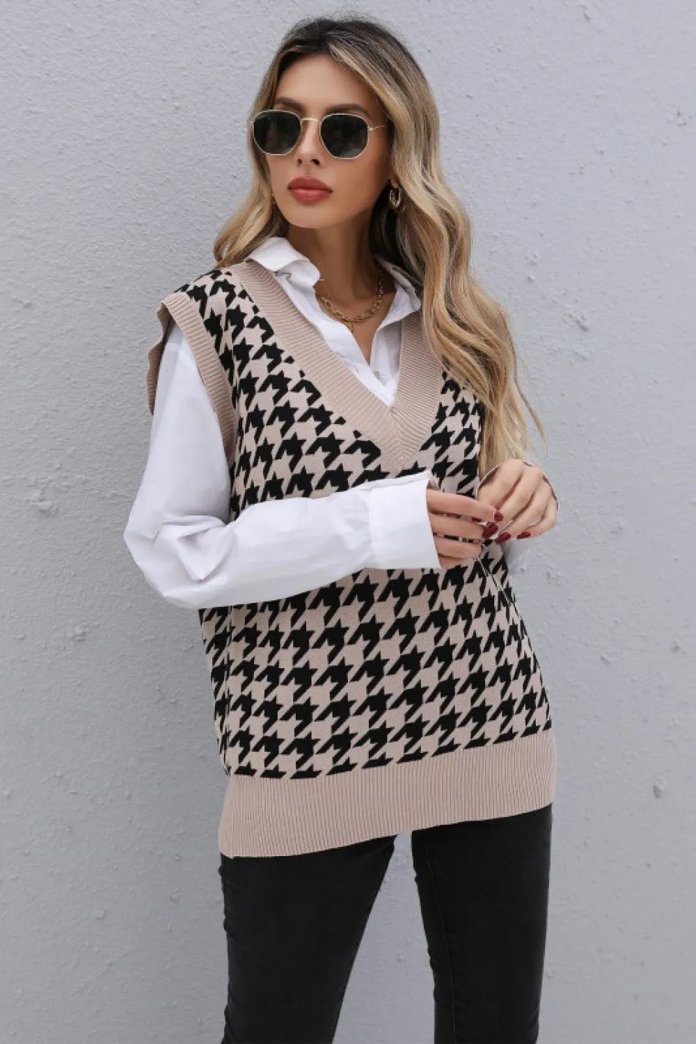 Does It Make You Nervous Houndstooth V-Neck Knit Vest