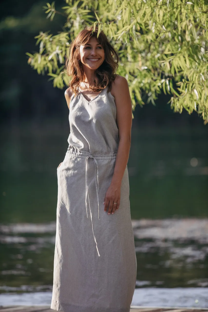 Drawstring Linen Skirt in Beige - S and XL