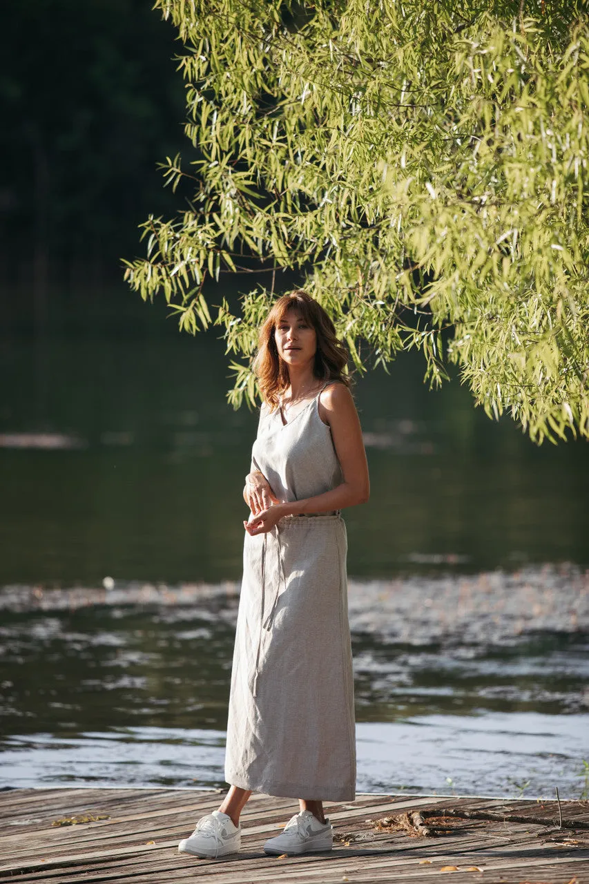 Drawstring Linen Skirt in Beige - S and XL