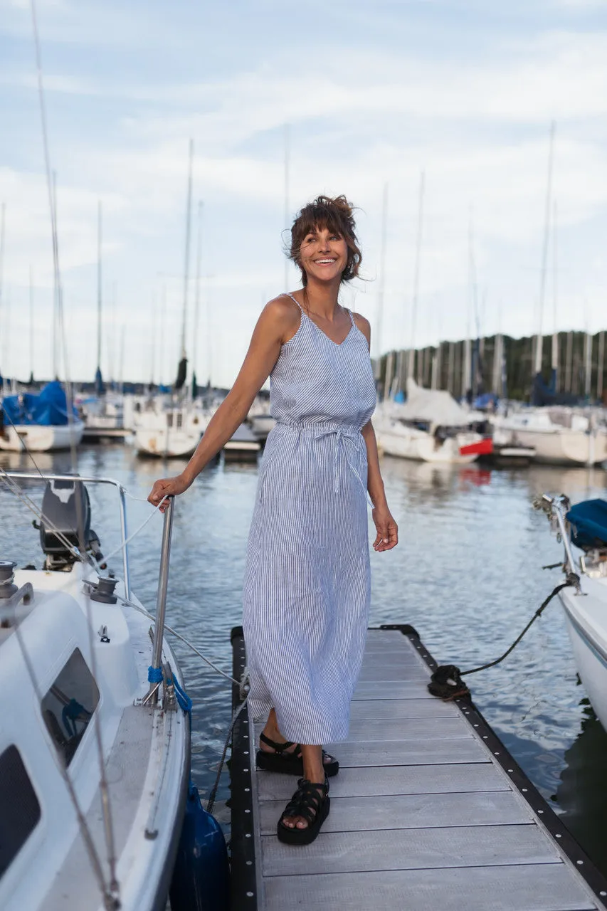 Drawstring Linen Skirt in Blue and White Stripe Linen/Cotton - S