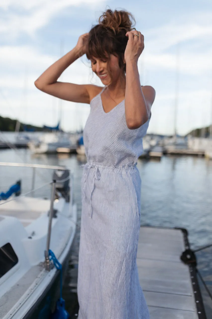 Drawstring Linen Skirt in Blue and White Stripe Linen/Cotton - S