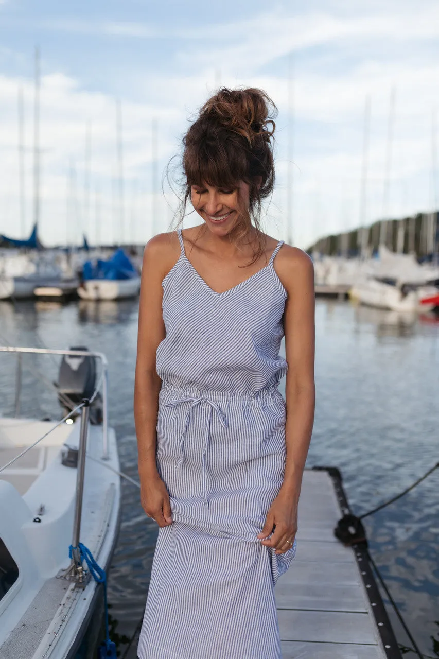 Drawstring Linen Skirt in Blue and White Stripe Linen/Cotton - S