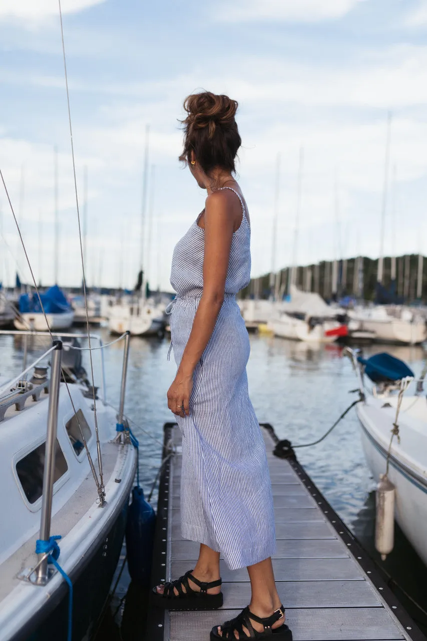 Drawstring Linen Skirt in Blue and White Stripe Linen/Cotton - S