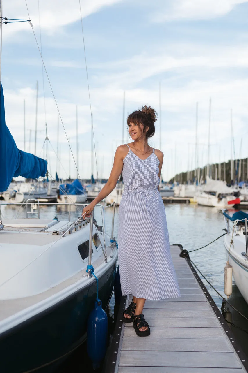 Drawstring Linen Skirt in Blue and White Stripe Linen/Cotton - S