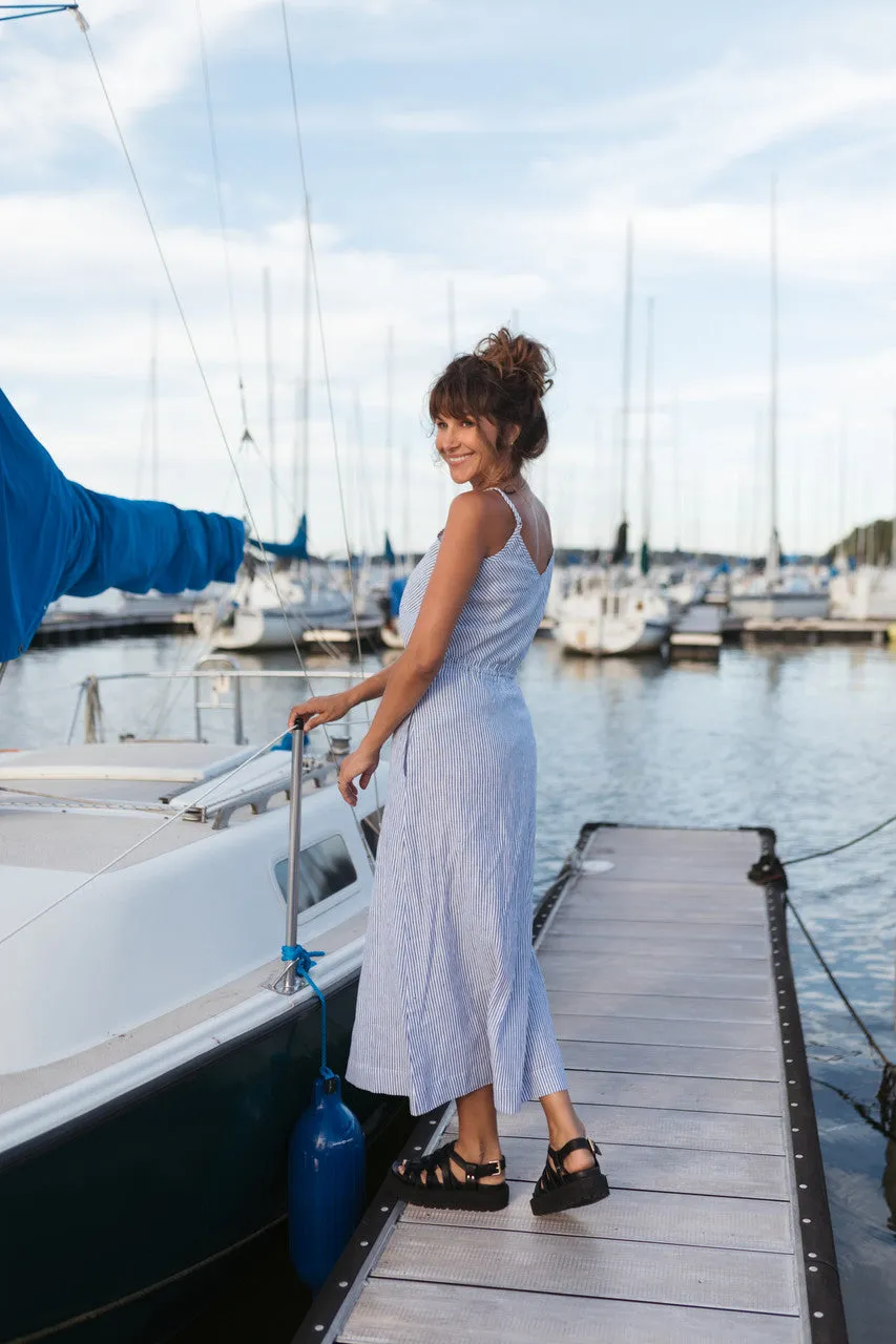 Drawstring Linen Skirt in Blue and White Stripe Linen/Cotton - S