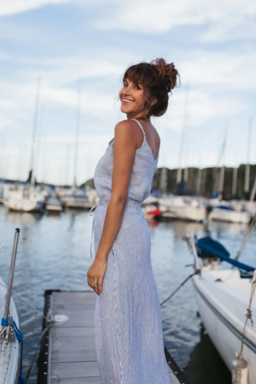 Drawstring Linen Skirt in Blue and White Stripe Linen/Cotton - S