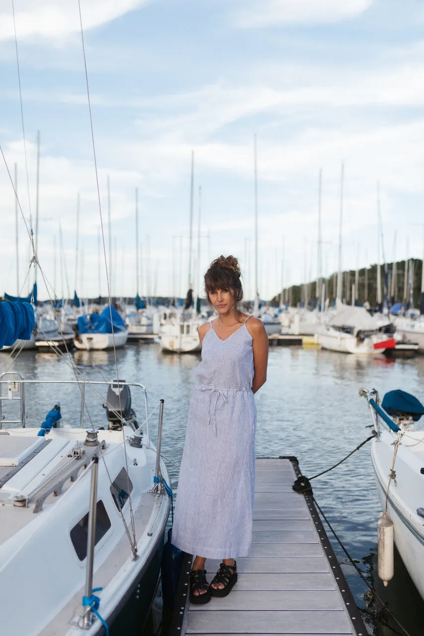 Drawstring Linen Skirt in Blue and White Stripe Linen/Cotton - S