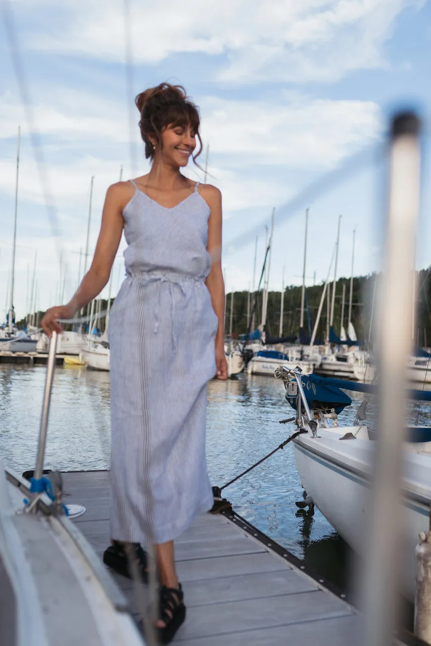 Drawstring Linen Skirt in Blue and White Stripe Linen/Cotton - S