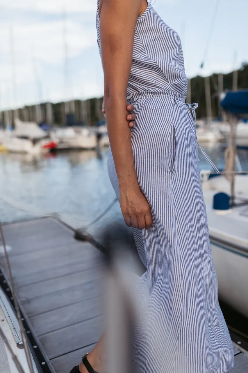 Drawstring Linen Skirt in Blue and White Stripe Linen/Cotton - S