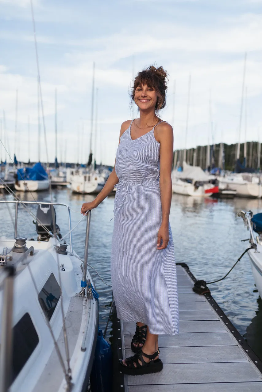 Drawstring Linen Skirt in Blue and White Stripe Linen/Cotton - S