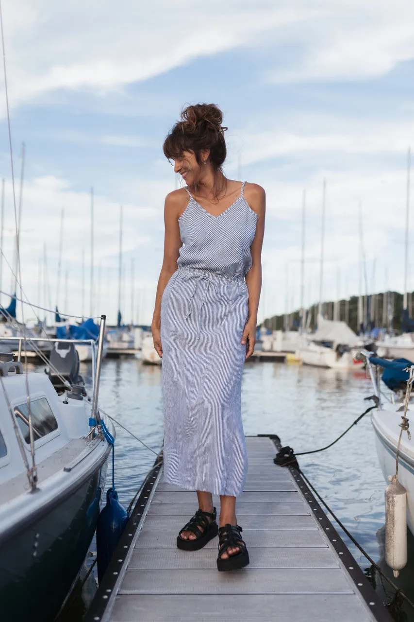 Drawstring Linen Skirt in Blue and White Stripe Linen/Cotton - S