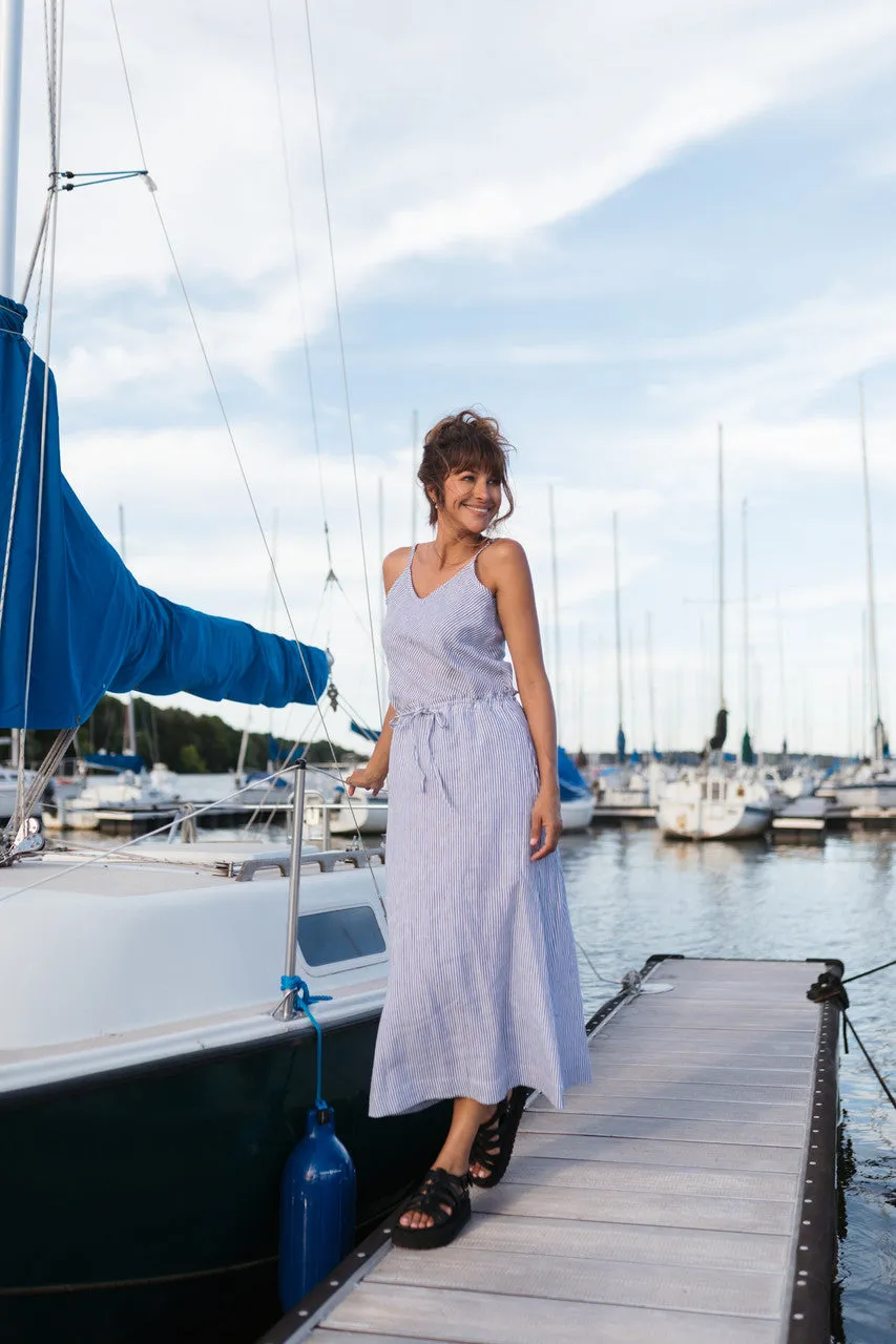 Drawstring Linen Skirt in Blue and White Stripe Linen/Cotton - S