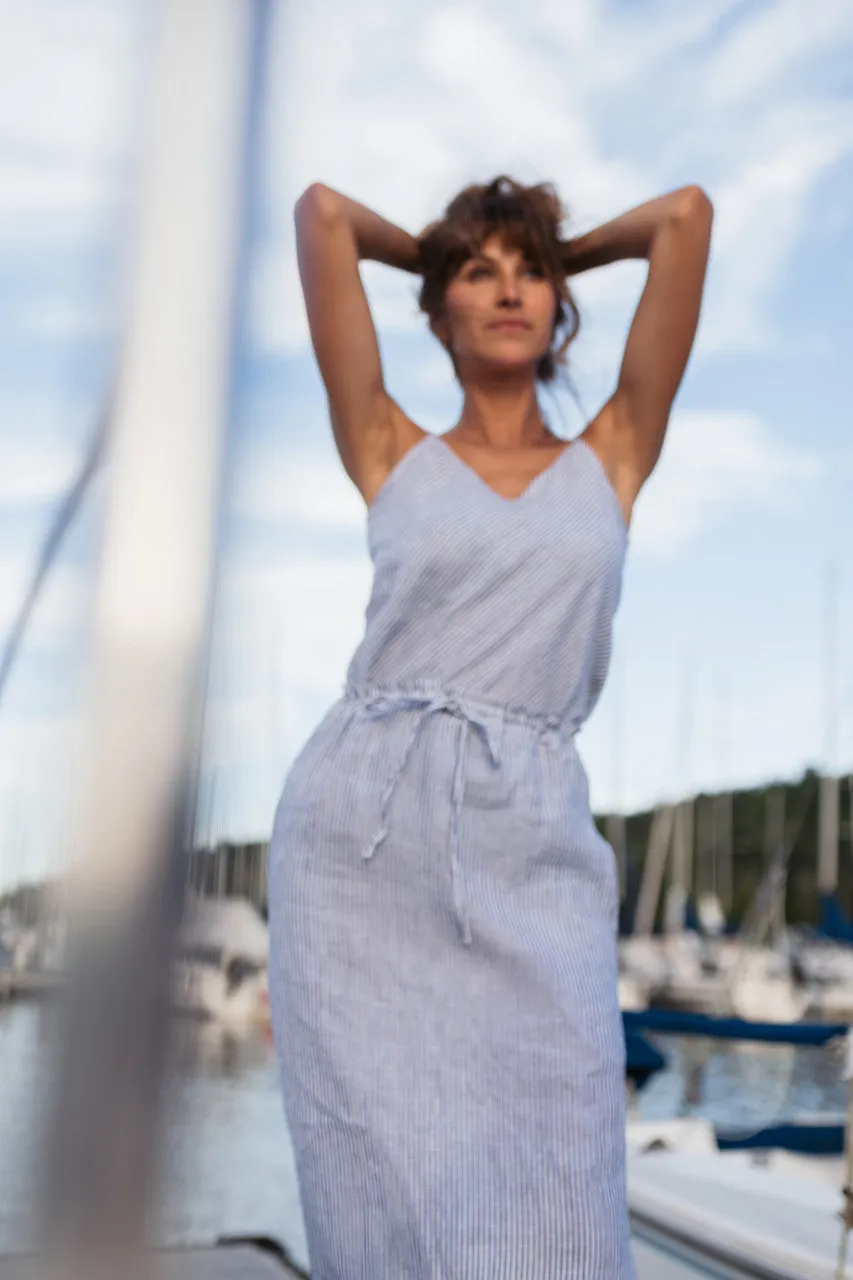 Drawstring Linen Skirt in Blue and White Stripe Linen/Cotton - S