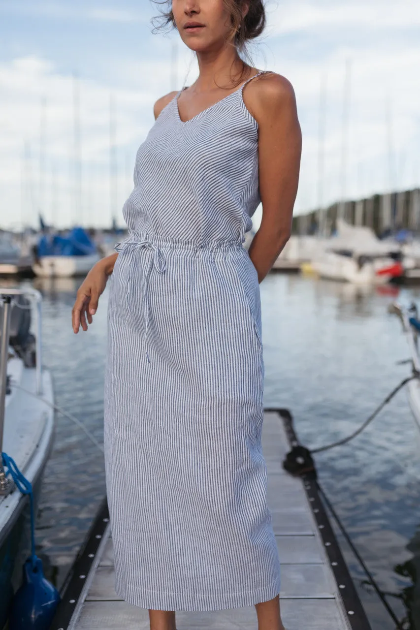 Drawstring Linen Skirt in Blue and White Stripe Linen/Cotton - S