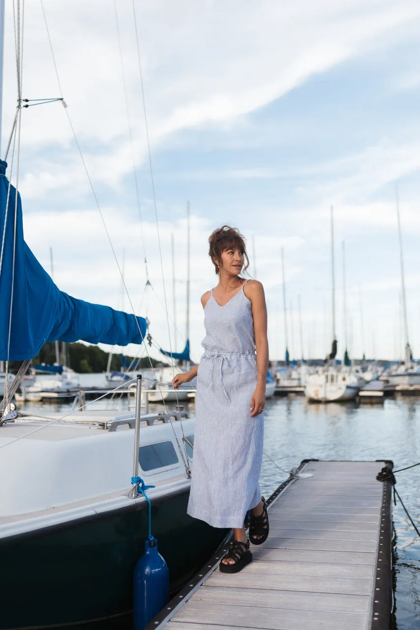 Drawstring Linen Skirt in Blue and White Stripe Linen/Cotton - S