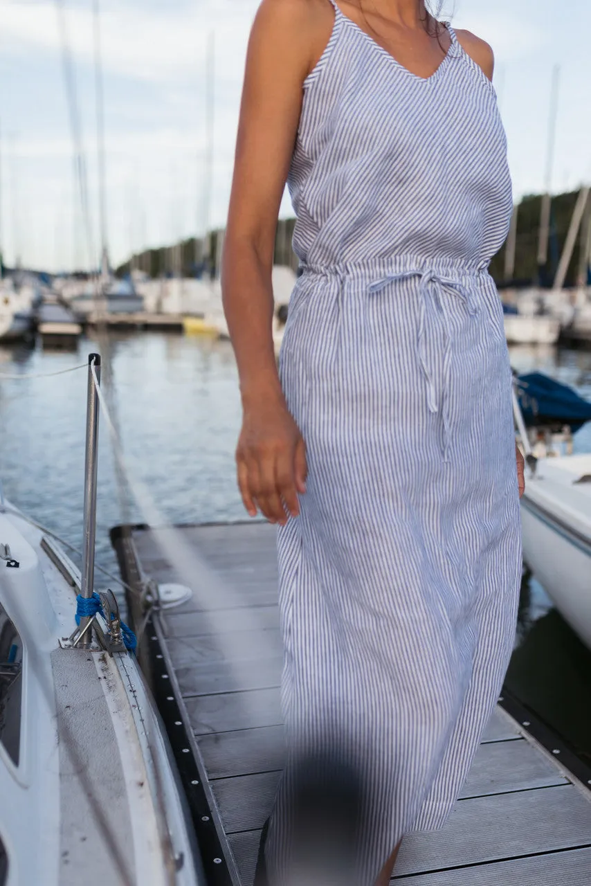 Drawstring Linen Skirt in Blue and White Stripe Linen/Cotton - S