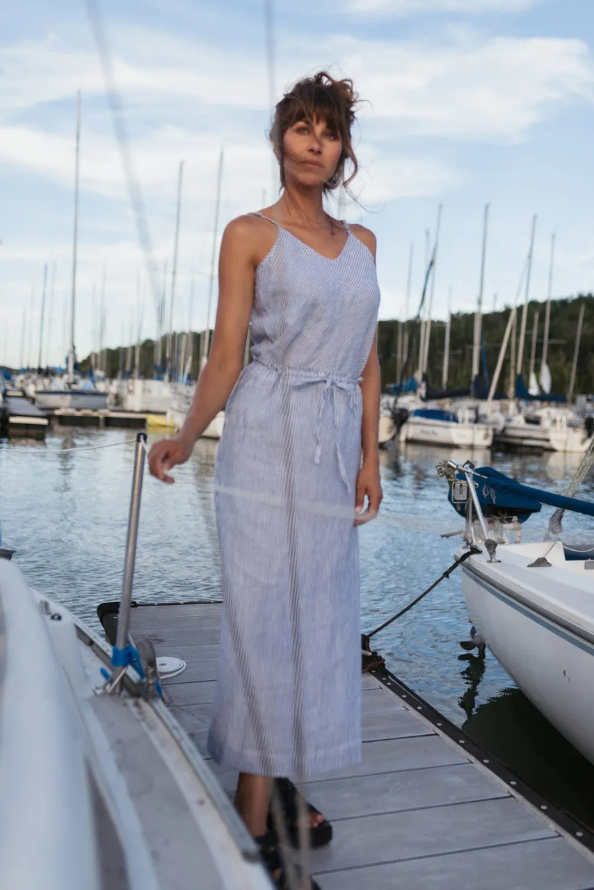 Drawstring Linen Skirt in Blue and White Stripe Linen/Cotton - S