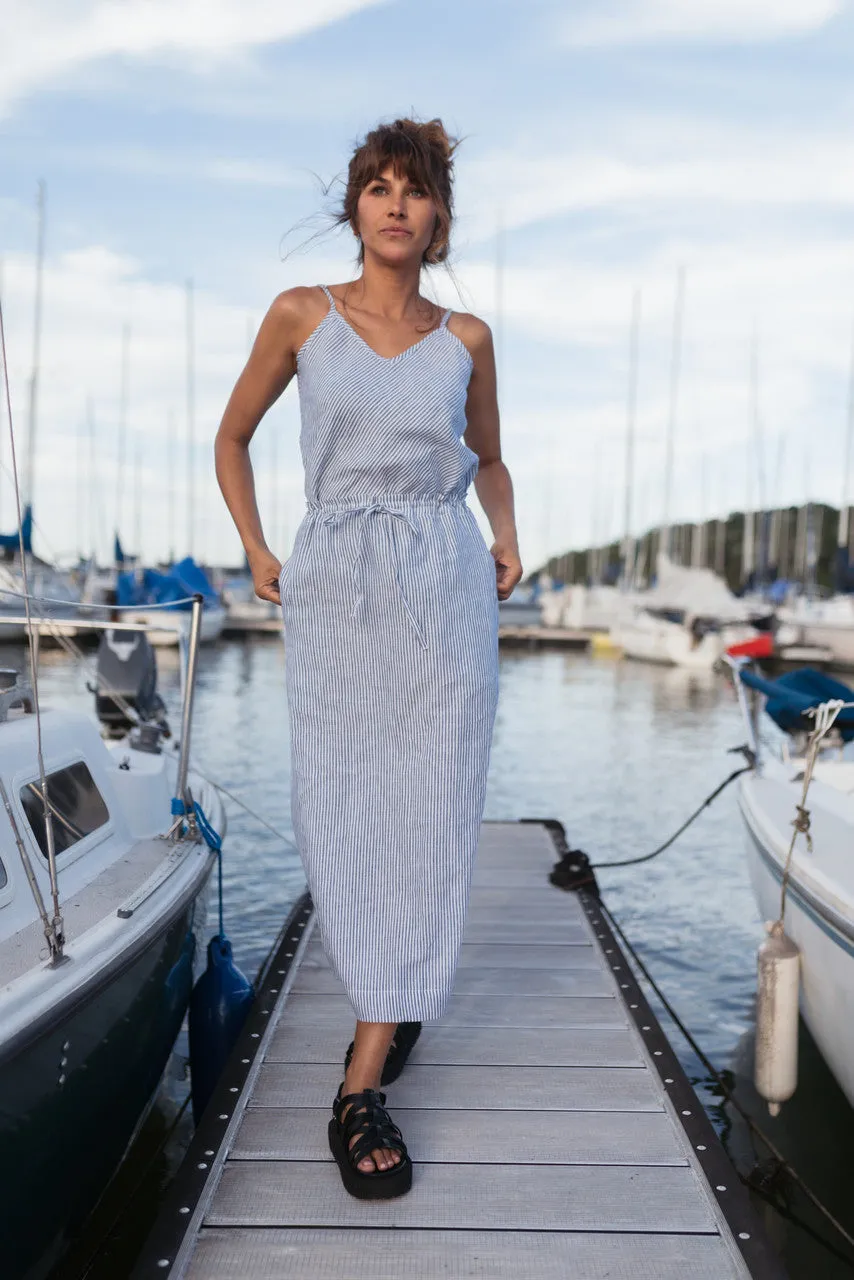 Drawstring Linen Skirt in Blue and White Stripe Linen/Cotton - S