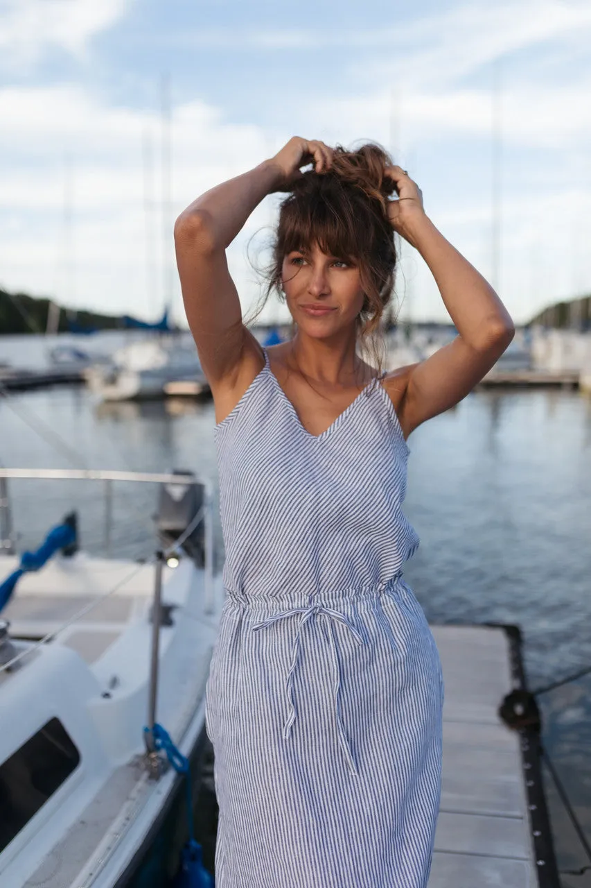 Drawstring Linen Skirt in Blue and White Stripe Linen/Cotton - S