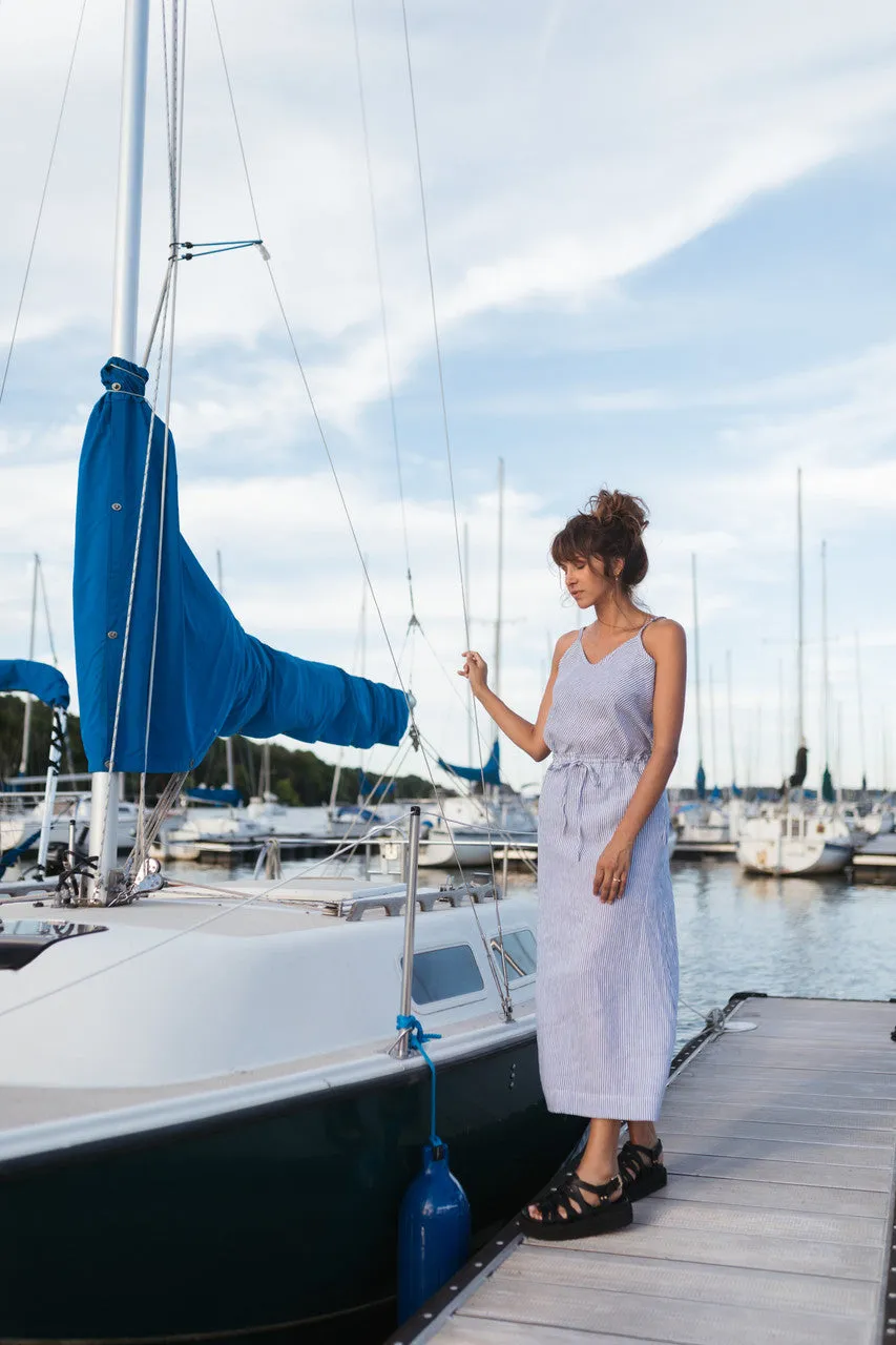 Drawstring Linen Skirt in Blue and White Stripe Linen/Cotton - S