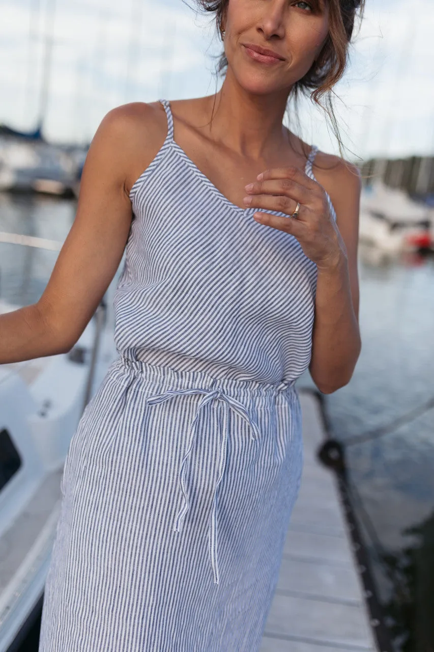 Drawstring Linen Skirt in Blue and White Stripe Linen/Cotton - S