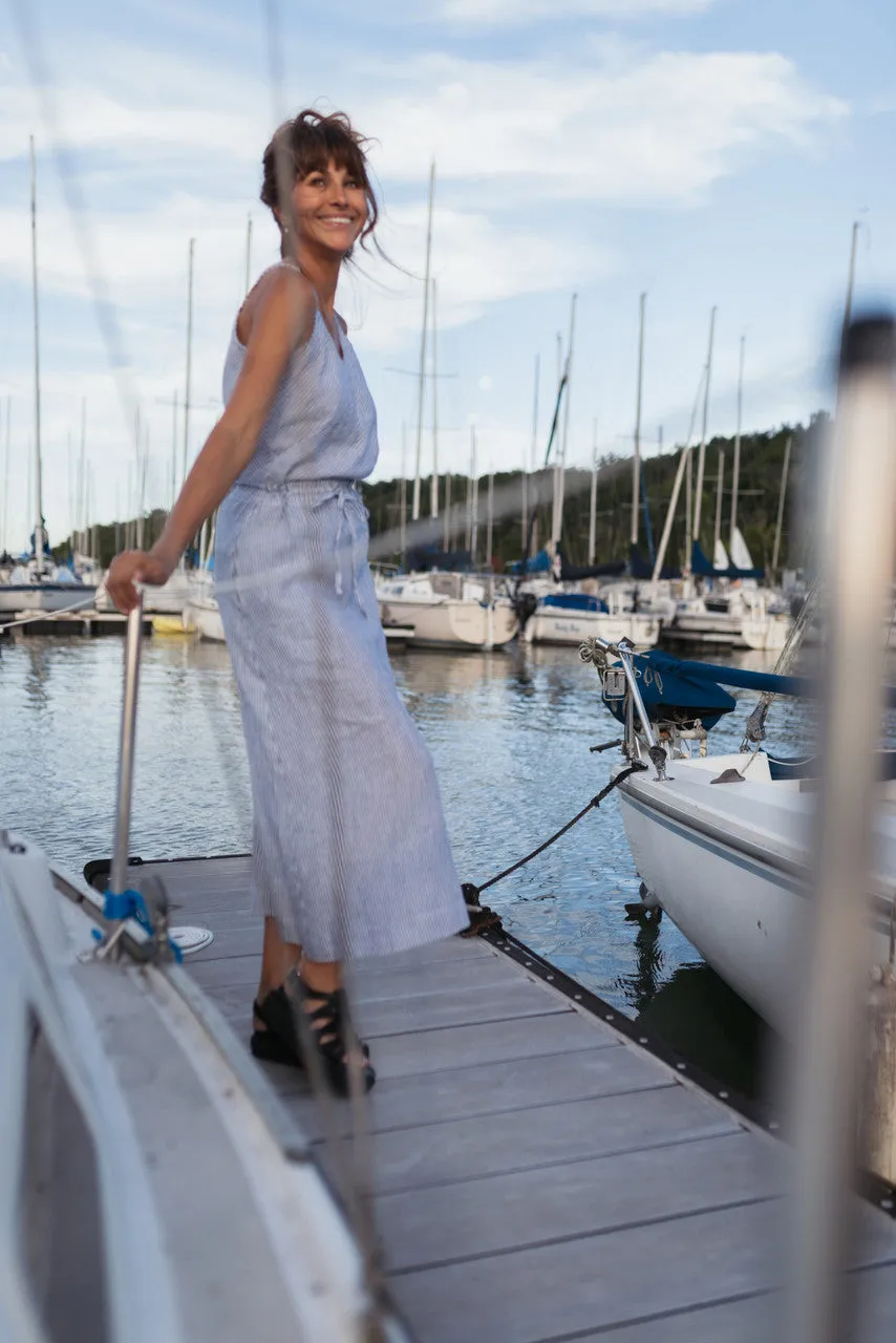 Drawstring Linen Skirt in Blue and White Stripe Linen/Cotton - S