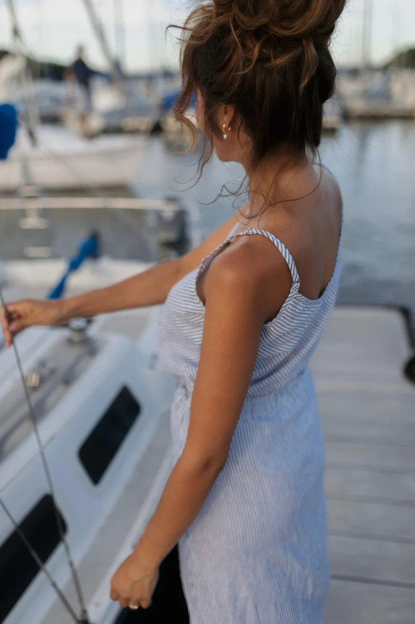 Drawstring Linen Skirt in Blue and White Stripe Linen/Cotton - S