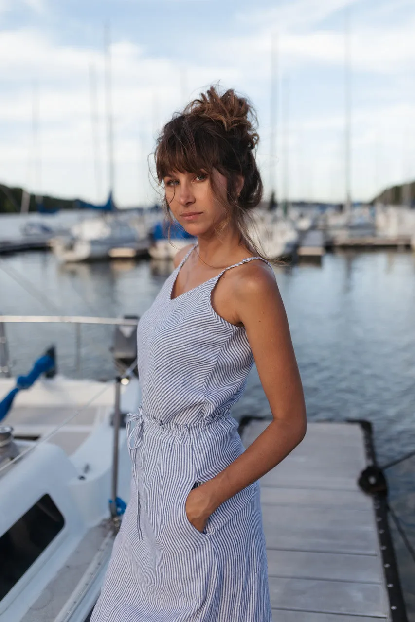 Drawstring Linen Skirt in Blue and White Stripe Linen/Cotton - S