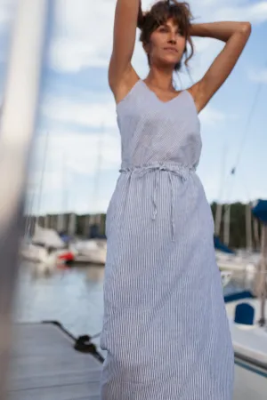 Drawstring Linen Skirt in Blue and White Stripe Linen/Cotton - S