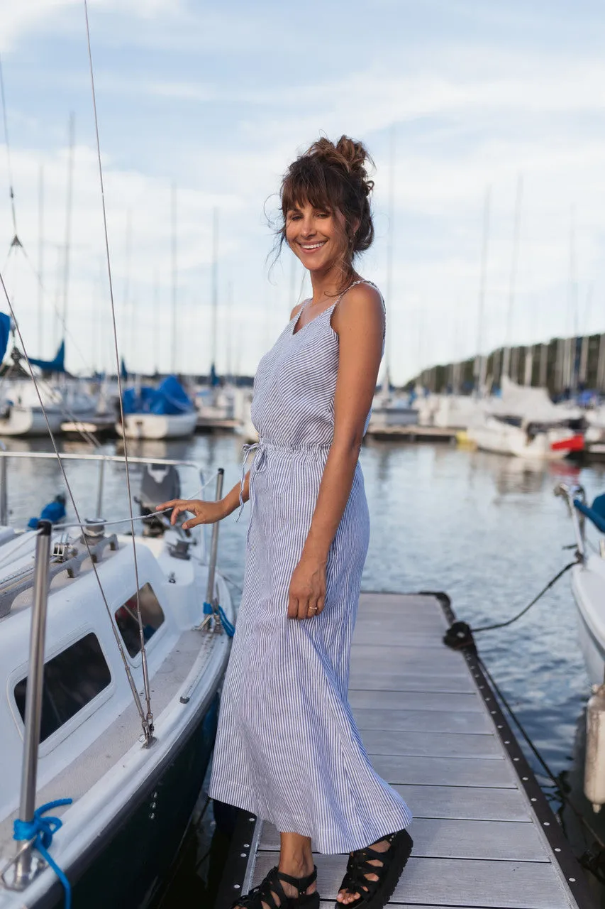 Drawstring Linen Skirt in Blue and White Stripe Linen/Cotton - S