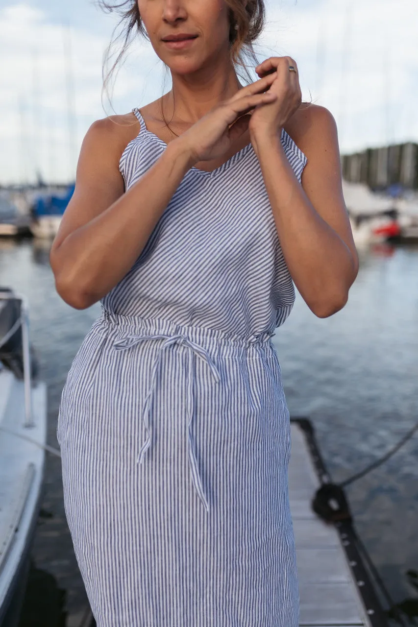 Drawstring Linen Skirt in Blue and White Stripe Linen/Cotton - S